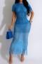 new sexy slight stretch knit tassel short sleeve hollow maxi dress_Pink_Blue
