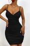 sexy slight stretch solid color 7 color sling shirring mini dress_Black