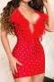 sexy plus size slight stretch rhinestone feather decor mini dress_Black_Red