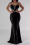 sexy plus size slight stretch stitching mesh rhinestone decor sling maxi dress_Black