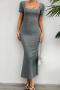 summer pure color sexy back lace-up square collar slight stretch maxi dress_Dark Gray