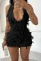 sexy slight stretch solid color tassel halter-neck slim mini dress new add color_Black