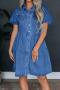 casual non-stretch denim lapel button midi dress_Blue