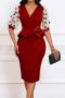 sexy plus size slight stretch 5 colors stitching mesh v-neck midi dress_Black_Rose Red