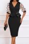 sexy plus size slight stretch 5 colors stitching mesh v-neck midi dress_Black
