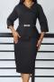sexy plus size slight stretch 4 colors solid color with belt midi dress_Black