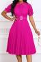 casual plus size slight stretch 6 colors stitching lace with belt midi dress_Black_White_Pink_Magenta