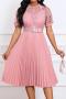 casual plus size slight stretch 6 colors stitching lace with belt midi dress_Black_White_Pink