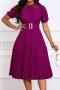 casual plus size slight stretch 6 colors stitching lace with belt midi dress_Black_White_Pink_Magenta_Darkviolet