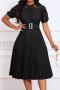 casual plus size slight stretch 6 colors stitching lace with belt midi dress_Black