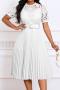 casual plus size slight stretch 6 colors stitching lace with belt midi dress_Black_White