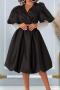 casual plus size slight stretch stitching mesh v-neck midi dress_Black