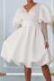 casual plus size slight stretch stitching mesh v-neck midi dress_Black_White