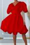 casual plus size slight stretch stitching mesh v-neck midi dress_Black_White_Red