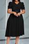 casual plus size slight stretch 4 colors v-neck shirring with belt midi dress_Black
