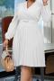 casual plus size slight stretch 4 colors v-neck with belt pleated midi dress_White