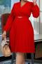 casual plus size slight stretch 4 colors v-neck with belt pleated midi dress_White_Red