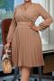 casual plus size slight stretch 4 colors v-neck with belt pleated midi dress_White_Red_Dark Green_Khaki 