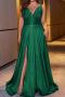 elegant plus size slight stretch satin high slit backless maxi dress_Red_Green