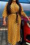 casual plus size slight stretch 3 colors dot batch printing with belt maxi dress_Yellow