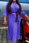 casual plus size slight stretch 3 colors dot batch printing with belt maxi dress_Yellow_Orange_Blue