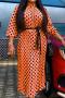 casual plus size slight stretch 3 colors dot batch printing with belt maxi dress_Yellow_Orange