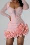 sexy plus size slight stretch rhinestone pearl mesh patchwork mini dress_Black_White_Pink
