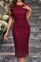 sexy slight stretch lace pure color midi dress_Rose Red