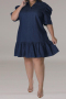 casual plus size slight stretch denim turndown collar mini dress_Sky Blue_Dark Blue