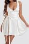 xs-l sexy slight stretch satin plain color deep v with belt mini dress_White