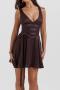 xs-l sexy slight stretch satin plain color deep v with belt mini dress_White_Brown