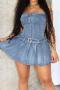 sexy slight stretch denim two colors with belt transparent straps pleated mini dress_Black_Blue