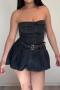 sexy slight stretch denim two colors with belt transparent straps pleated mini dress_Black