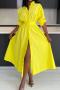new personality slight stretch solid color lapel long sleeve midi dresses_Pink_Yellow