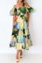 casual non-stretch batch printing off shoulder midi dress_Orange_Green