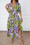 sexy non-stretch flower batch printing deep v high slit maxi dress_Green_Light Purple