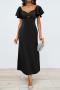 casual non-stretch simple solid color hollow backless short-sleeved midi dress_Black