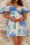sexy non-stretch batch printing hollow v-neck puff sleeve mini dress_Orange_Blue