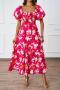casual non-stretch flower batch printing puff sleeve midi dress_Magenta