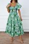 casual non-stretch flower batch printing puff sleeve midi dress_Magenta_Green