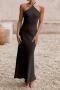 sexy non-stretch simple solid color halter neck backless slim maxi dress_Black