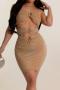 sexy plus size slight stretch halter neck hollow tight rhinestone mini dress_Black_Khaki 