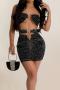 sexy plus size slight stretch halter neck hollow tight rhinestone mini dress_Black