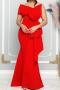 new stylish plus-size slight stretch 3-color bow slanted collar slim maxidress_White_Red