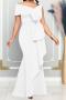 new stylish plus-size slight stretch 3-color bow slanted collar slim maxidress_White