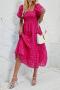 casual non-stretch 7-colors solid color pleated puff sleeve midi dress_Black_Magenta