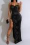 sexy plus size non-stretch sling patchwork high slit rhinestone maxi dress_Black