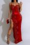 sexy plus size non-stretch sling patchwork high slit rhinestone maxi dress_Black_Red