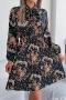 casual non-stretch 3 colors flower batch printing crew neck mini dress_Black