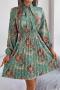 casual non-stretch 3 colors flower batch printing crew neck mini dress_Black_Pink_Green